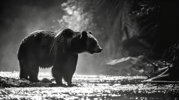 Large grizzly bear is strolling through a shallow river, carefully searching for salmon in the soft morning light of the wilderness