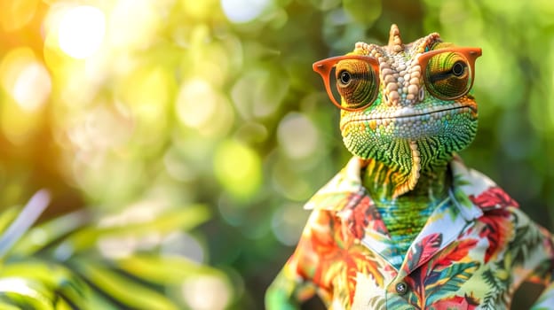 Vibrant chameleon in a colorful hawaiian shirt and stylish glasses poses in nature, with a lush jungle backdrop, creating a fun and exotic summer vibe