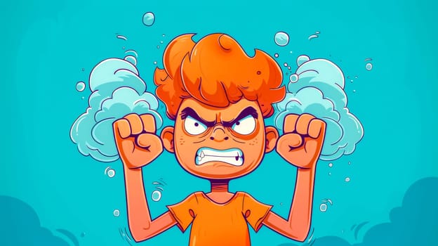 Cartoon illustration of a furious kid with steam coming out of his ears, clenching his fists in anger, a concept of extreme anger and frustration