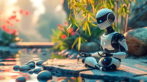 Robot meditates in a peaceful japanese garden at sunset, surrounded by nature, embodying harmony and balance