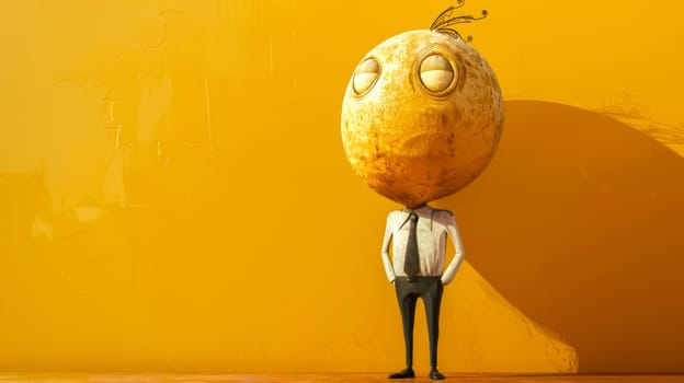 Confident businessman with a lemon head stands near a yellow wall in a quirky 3d illustration. Unique and creative concept sparks imagination and brings cheerful vibes