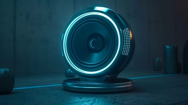 Sleek wireless speaker emits vibrant blue light, showcasing modern design and advanced audio tech. Perfect for seamless listening with adjustable volume and deep bass tones
