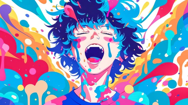 Young man with vibrant blue hair covered in rainbow paint splatters screams with joy and excitement, exuding happiness and energy in a trendy, modern and colorful illustration