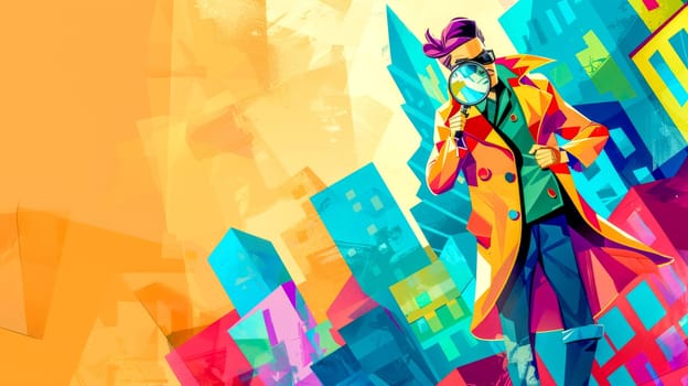 Detective with a magnifying glass investigates a colorful city for evidence, in a stylish, vibrant, and trendy illustration