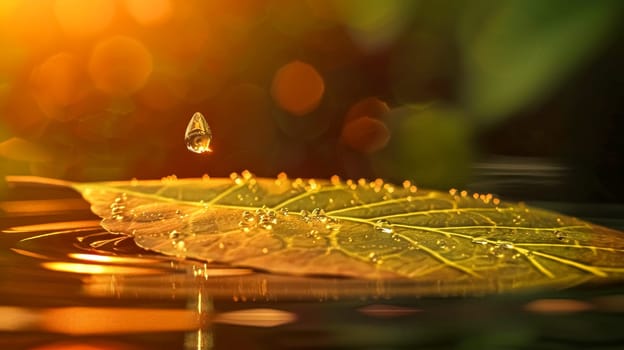 Single water droplet hangs above a leaf covered in dew, glowing in golden light. The image captures nature's beauty with green, yellow, and orange hues, revealing intricate textures and patterns