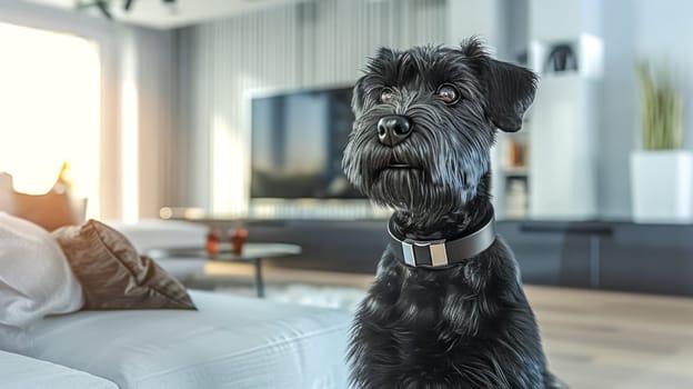 Cute miniature schnauzer dog sits on a cozy sofa in a modern living room, looking up happily in the stylish interior. Sunlight streams in, creating a serene atmosphere
