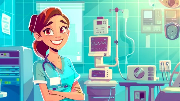 Confident female doctor or nurse in a colorful hospital room, smiling with crossed arms, exuding positivity and professionalism. Bright, modern background reflects a cheerful, healthy atmosphere