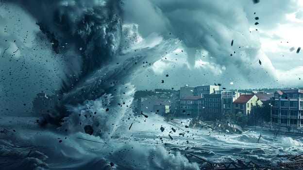 Massive tsunami wave crashes into a coastal city, engulfing buildings and tossing debris through the air. The sky is dark and ominous, reflecting the destructive power of nature
