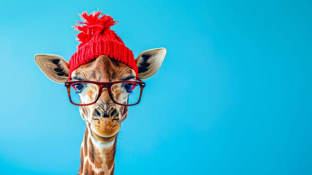Stylish giraffe in eyeglasses and a red hat poses against a blue background, exuding charm and fashion in a cute and funny portrait