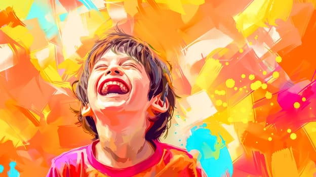 Young boy is laughing with pure joy, his head tilted back against a vibrant and abstract background of colorful brushstrokes