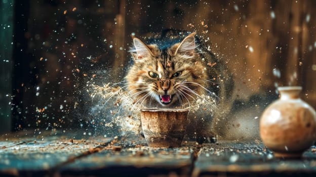Angry cat causing chaos in the kitchen, eating from a clay pot, food flying, making a mess, with wide green eyes, brown tabby fur, visible teeth, humorous scene