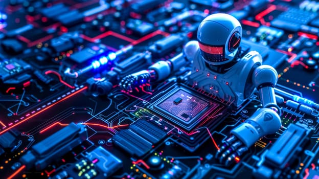 Robot is connecting to a futuristic, glowing motherboard, symbolizing the future of artificial intelligence and its role in technology