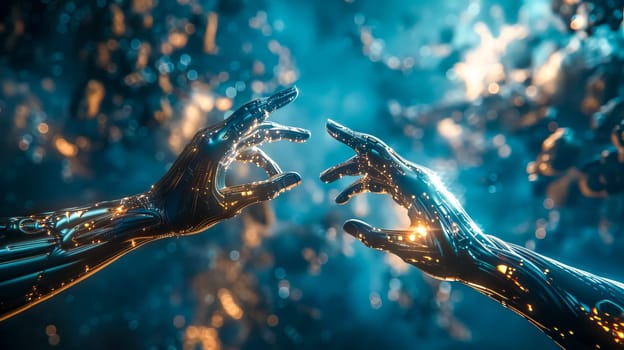 Futuristic robot hands with glowing circuits reach towards each other in a captivating abstract background of blue and gold, showcasing the essence of technology and innovation