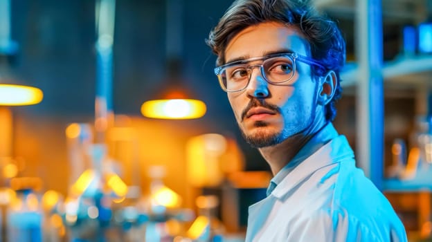 Scientist works in a high-tech lab, focused on research in medicine and healthcare. The image captures innovation and dedication in science