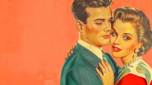 Vintage romance illustration of a stylish couple embracing in the 1950s and 1960s. Radiating happiness and affection with a touch of mid-century elegance and glamour
