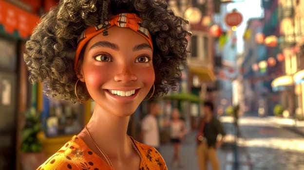 3d illustration of a happy young woman with an afro hairstyle and wearing a headband, smiling slightly off-camera with a blurred city street in the background