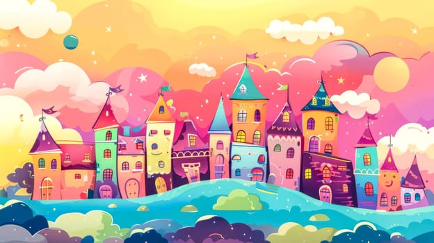 Whimsical cartoon city on a hill by a lake at sunset, evoking magic and fantasy, perfect for creative projects. Explore the enchanting storybook setting!