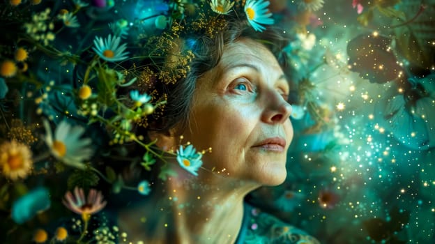 Mature woman with a flower crown on her head is surrounded by flowers and sparkling lights, creating a magical and ethereal atmosphere