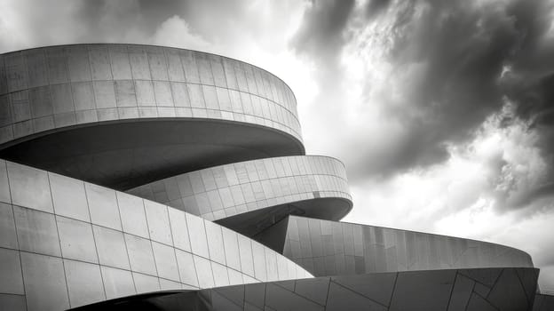 Abstract modern building exterior with smooth concrete surfaces and curved walls, creating movement and contemporary design under a dramatic cloudy sky