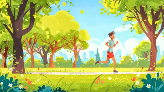 Young man is running on a path in a lush green park, enjoying the fresh air and sunshine, with the cityscape visible in the distance