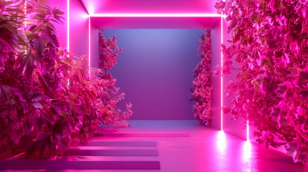Empty yoga studio interior decorated with flowers and illuminated by neon lights, creating a relaxing and modern atmosphere