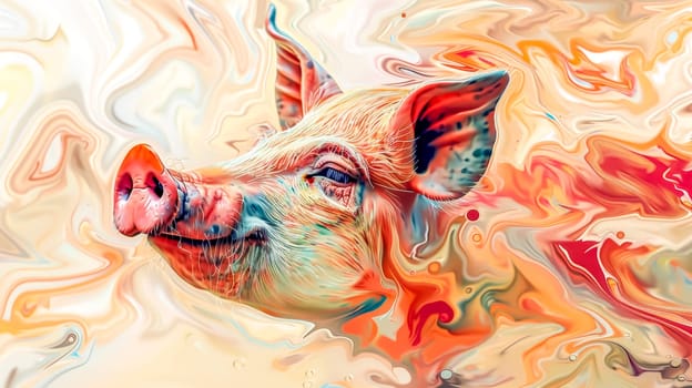 Portrait of a pig with its head emerging from colorful abstract paint swirls, showing the connection between nature and art