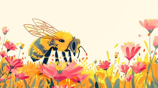 Busy bumblebee pollinating pink flowers in a colorful meadow. Vibrant blooms contrast with green grass, creating a cheerful scene of spring and summer