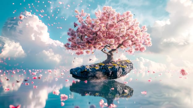 Single cherry tree is blooming on a rock floating in the sky while pink petals gently fall around it. This magical scene evokes peace and serenity