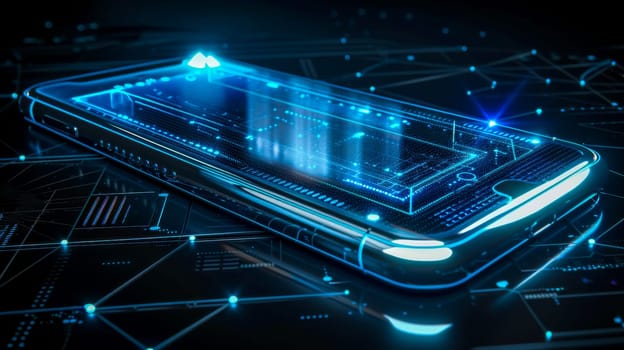 Smartphone is laying on a dark surface with network connection lines surrounding it, showing a hologram of digital information processing
