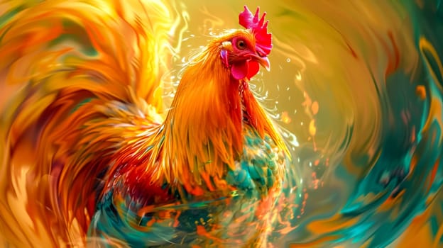 Vibrant rooster is posing in front of a colorful abstract swirl background. Perfect for illustrating concepts of nature, beauty and creativity
