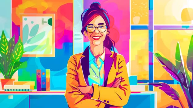 Confident businesswoman smiling in colorful office, exuding success and professionalism. Bright, vibrant setting reflects strength and independence
