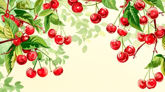 Illustration featuring ripe red cherries hanging from branches with green leaves on a light yellow background with copy space