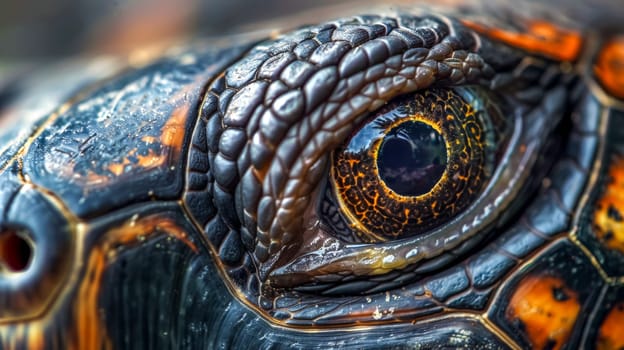 Red-footed tortoise with shiny eyes and colorful shell stares, showcasing nature's beauty up close