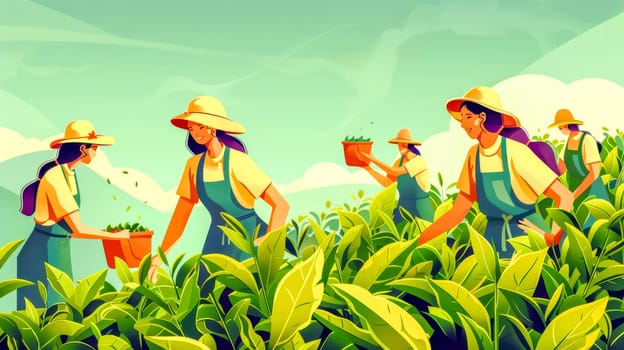 Five female farmers picking fresh tea leaves on a sunny day in a lush plantation, embodying agriculture's essence. A sustainable lifestyle captured in nature's beauty