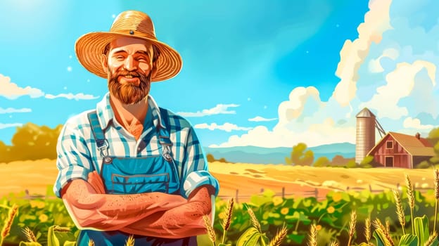 Illustration of agriculture featuring a cheerful farmer standing proudly in his cultivated field, with a barn and silo visible in the background