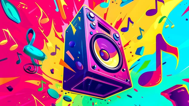 Powerful audio speaker is blasting music, with colorful musical notes and headphones swirling around it on a vibrant, abstract background