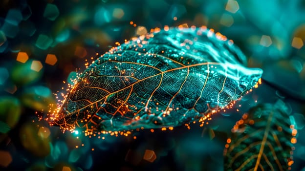 Abstract close-up of a teal leaf with glowing orange veins, suggesting the interconnectedness of nature and technology. The background is a blur of green and orange bokeh