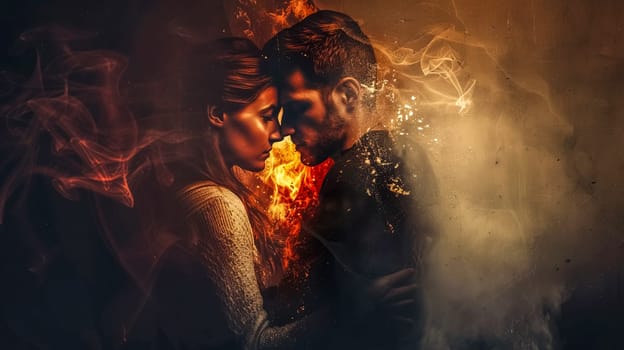 Couple is embracing each other with a wall of fire separating them, symbolizing the intense passion and desire in their relationship