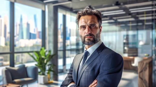Mature businessman with a beard is standing in a modern office with his arms crossed, conveying an aura of confidence and success