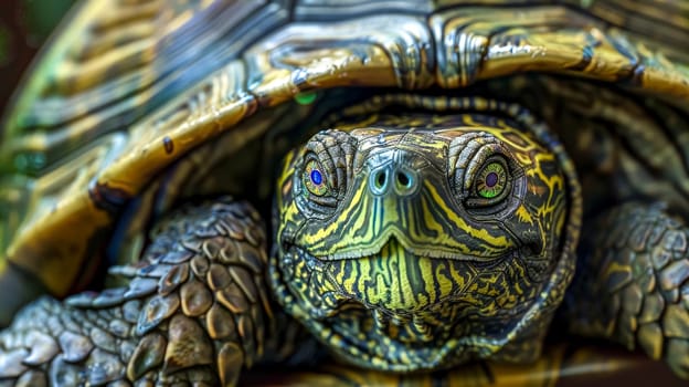 Vibrant turtle emerges from its shell, showcasing colorful textures and patterns in a close-up view, highlighting its natural beauty and exotic nature