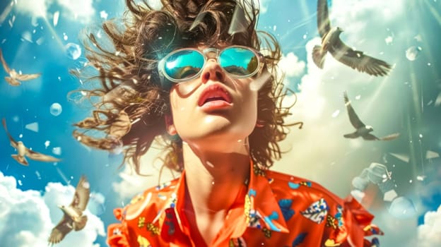 Young man wearing sunglasses and a colorful shirt is tilting his head back, feeling the wind in his hair. The sky is blue and there are birds flying around him