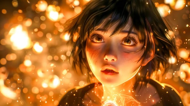 Young woman bathed in golden light gazes upwards with hope and wonder, surrounded by a magical aura of sparkles, evoking tranquility and mystery