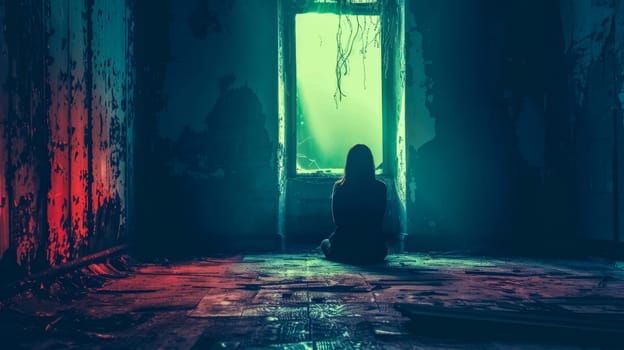 Mysterious silhouette sits alone in a decaying room, bathed in eerie green light from a boarded-up window, creating a chilling and enigmatic scene
