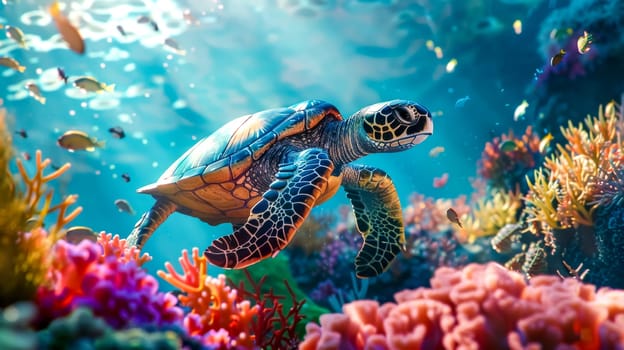 Swimming gracefully in a vibrant coral reef, a sea turtle bathes in sunlight filtering through clear ocean water, showcasing diverse marine life and tropical beauty