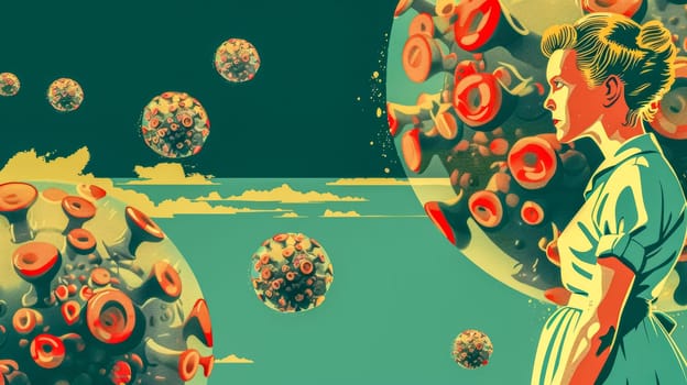 Vintage styled illustration showing a healthcare worker facing giant, mutated virus particles floating in a surreal landscape
