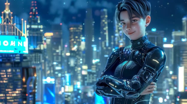 Young metaverse citizen is smiling with his arms crossed, optimistic about the future of technology in his cyberpunk city