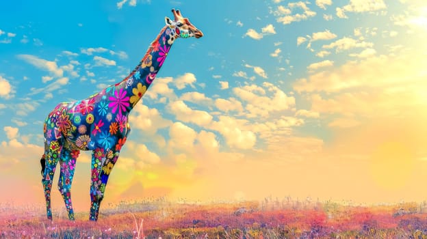 Giraffe with a vibrant flower pattern on its fur standing in a field of wildflowers with a beautiful sunset and clouds in the background