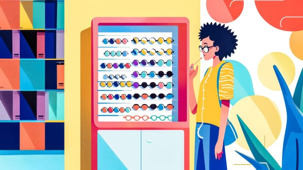 Woman choosing stylish eyeglasses in a bright optical store, surrounded by trendy frames. She focuses on enhancing her fashion and vision