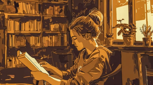 Young woman is enjoying a good book while sitting in a cozy room surrounded by bookshelves. The warm light and the vintage furniture create a peaceful atmosphere