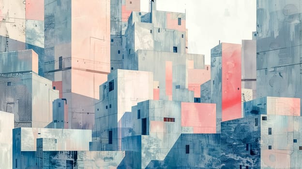 Abstract cityscape painting using pink, blue, and gray hues to depict urban architecture and create a sense of depth and perspective